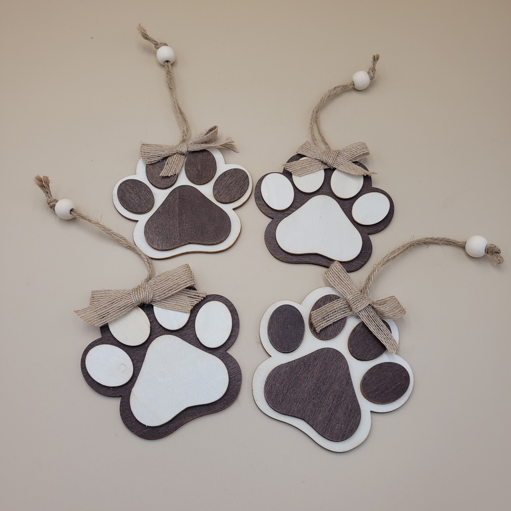 Set Of 4‎ Wooden Paw Print Ornaments  Brown Tan Burlap Bow Cat Dog 4x4 Inches